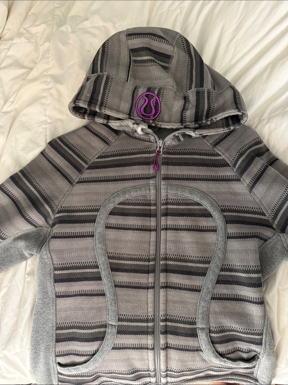 lululemon athletica Gray Striped Hooded Zip Jacket with purple accents.